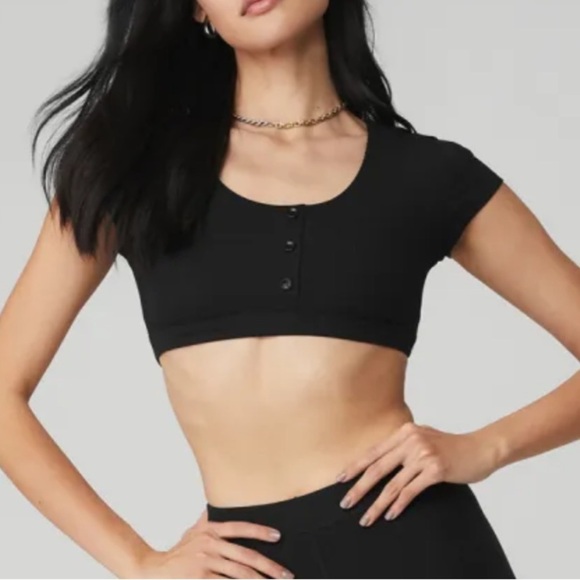 Alo Yoga Black Blissful Henley Bra Top NWT Medium - Picture 3 of 8